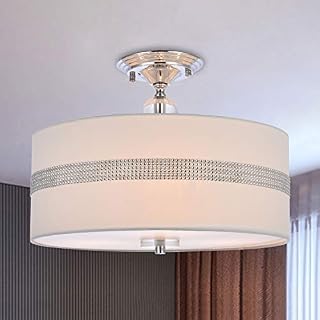 A1A9 Modern 3-Light Drum Pendant Lighting Fixture, 40cm Fabric Lamp Shade, Semi Flush Mount LED Ceiling Lights Chrome Rod Chandelier for Living Room Entryway Hallway Dining Room (White)