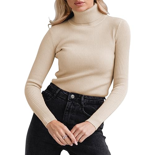 Image of TICIFEN Women Turtleneck Knit Sweaters Basic Casual Long Sleeve Shirts Slim Fit Thermal Underwear Tops Soft Rib Sweater Tee