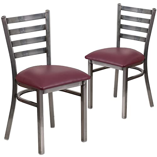 Image of Flash Furniture 2 Pk. HERCULES Series Clear Coated Ladder Back Metal Restaurant Chair - Burgundy Vinyl Seat