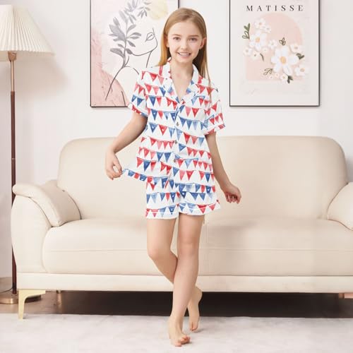 Colorful Cartoon Flags Pattern Summer Satin Pajama Set, Cute Button-Down Sleepwear Pj Set for Sleep Wears3