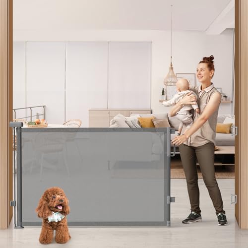 Image of 76 inch Retractable Baby Gates Extra Wide, Mesh Long Dog Gate for Deck | Indoor Outdoor Stair Gate for Wide Openings Doorways Hallways Porch, Child Pet Safety Essentials for Home, Grey