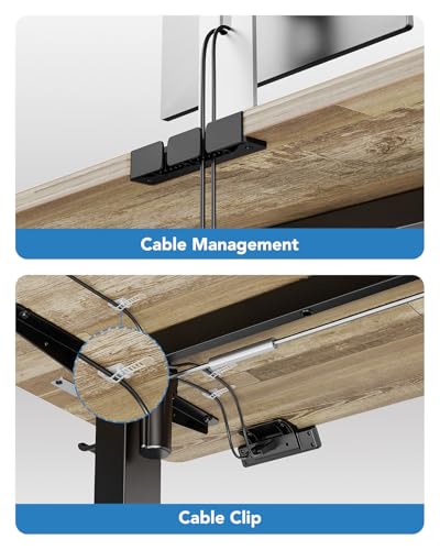 HUANUO 55" x 28" Electric Standing Desk Adjustable Height, 4 Memory Height Settings, Headphone Hook, Cable Manager, Sit Stand Up Desk for Home Office & Computer Workstation, Wooden Block