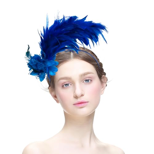 MWOOT Feather Headband, 1920s Feathered Headpiece, Blue Roaring 20s Fascinators for Women Artificial Flower Feather Headwear - Image 3
