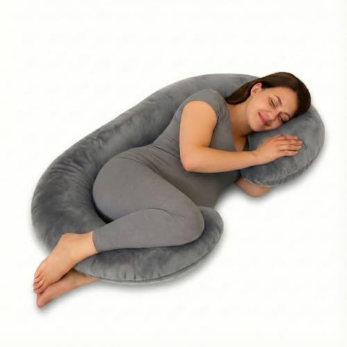 Image of Amazon Basics Velvet Full Body Pregnancy Pillow for Maternity, Baby Nursing, Full Body Support|Perfect Baby Shower Gift|C-Shaped-Washable Cover with Zip-Grey, Velvet