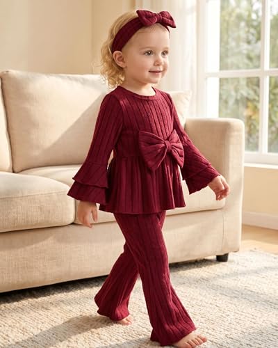 Image of SODLON Baby Girl Clothes Toddler Fall Winter Outfits Ruffle Long Sleeve Bow Top Flared Pants Set Bell Bottom Clothing 18M-5T