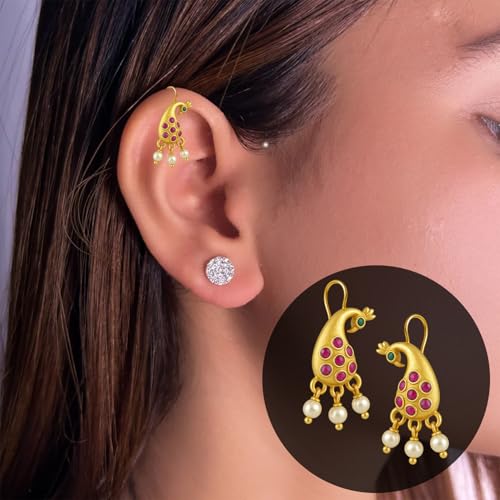 Image of VAMA FASHIONS 18K Gold Plated Anti Tarnish Half Moon Peacock Shape Traditional Maharashtrian Press on Bugadi Upper Ear Clip on Earrings For Women & Girls