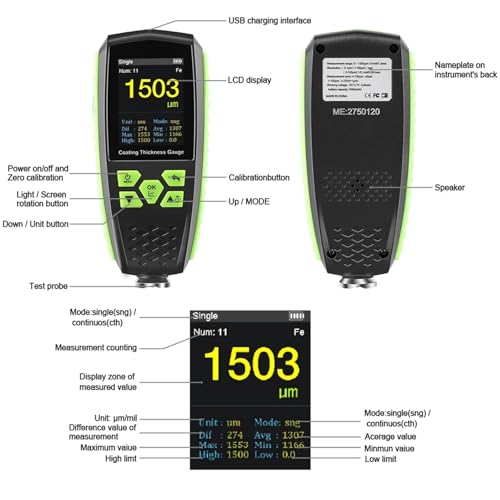 Medidor de espesor para pintura automotriz con pantalla HD y medición hasta 1300 FE/NFE miniatura 3