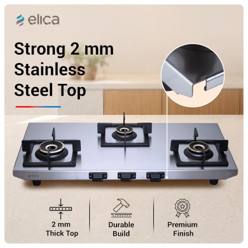 Image of Elica 3 Burner 2mm Stainless Steel Gas Stove | INOX HD 3B 77 SG | 77cm Wide Layout, Forged Brass Burners - 1 Jumbo 1 Medium & 1 Small Burner, Square Grid Pan Support, 2 Yr Warranty