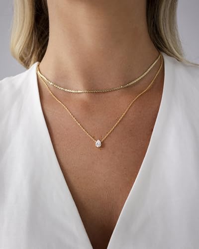 PAVOI 14K Gold Plated Twisted Singapore Chain Layering Choker with Round Solitaire and Serpentine Chain Layering Choker with Pear-Cut Stone Pendant Necklace Pack for Women | Cubic Zirconia Statement Layered Necklace Set2