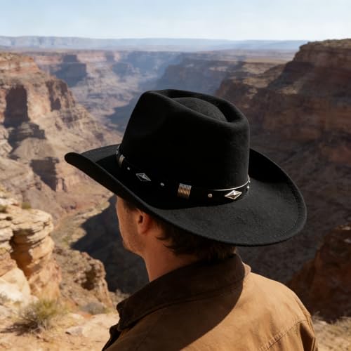 Image of DRESHOW Cowboy Hat for Women and Men Western Felt Cowboy Cowgirl Hat Wide Brim Belt Buckle Retro Fedora Hats Unisex Caps