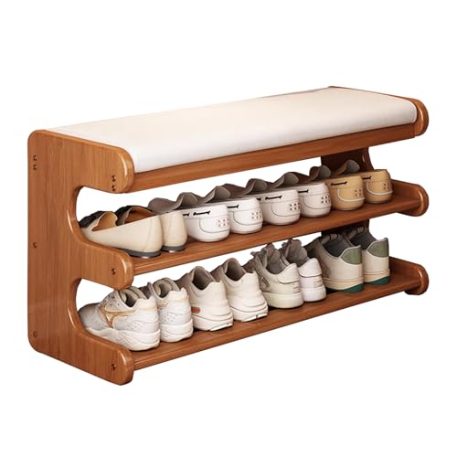 XINXINHU 玄関ベンチ シューズラック 木製 3段下駄箱 靴収納ベンチ 竹製ベンチチェア 玄関靴交換スツール クッション付き 耐荷重150kg 簡単組み立て 省スペース 通気性 木製家具 靴棚(ホワイト,55x29x40cm)