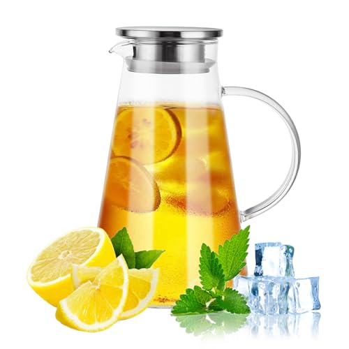 Oungy Wasserkaraffe 2 Liter Glaskaraffe mit Deckel Wasserkrug...