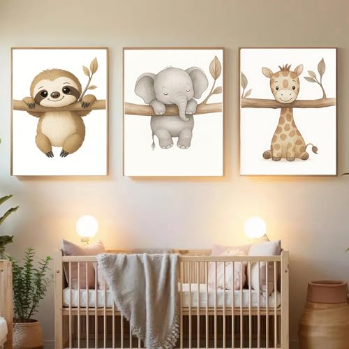 BeiYiHo 3 Poster Babyzimmer Beige Baby Tier Bilder Kinderzimmer Elefant Giraffen Faultier Kinder Wandbilder Jungen Zimmer Deko Leinwand 30x40cm ohne Rahmen