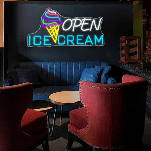 Image of Ice Cream Sign 22.4x11'' Ice Cream Open Shop Neon Signs USB Powered Bar Sign Light Open for Snacks Business Store Cafe Drink Shop Decor Adjust Brightness