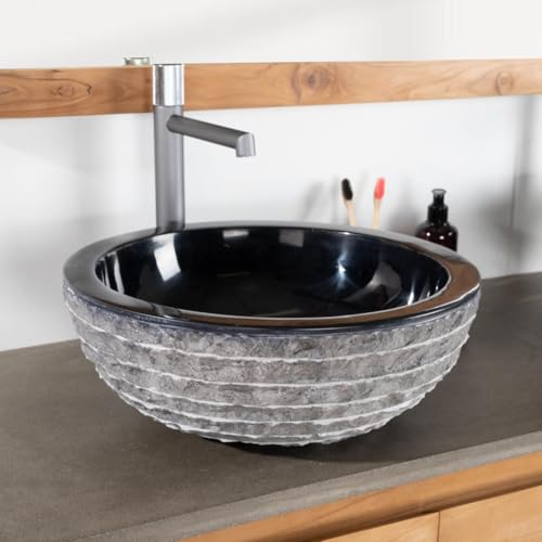 Wanda collection - Vasque Ronde en Pierre à Poser Vésuve Noir 40cm