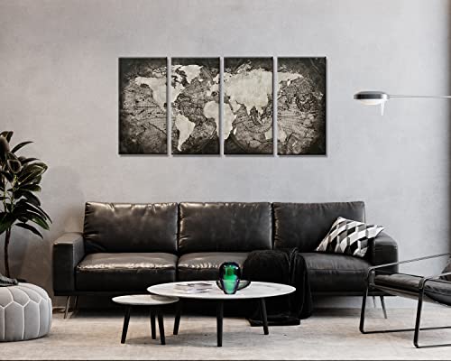 Artinme 4 Panel Large World Map Set Wall Art Canvas Black Old Map Picture Wall Decor Living Room Wall Canvas (Black, 16" X 32“ X 4Pcs) #TOP2