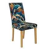 Stuhlhussen für Esszimmerstühle, dehnbares und waschbares Spandex, lebendige dekorative Schonbezüge für Küstenküche, Ozeanwellen, 1 Stück