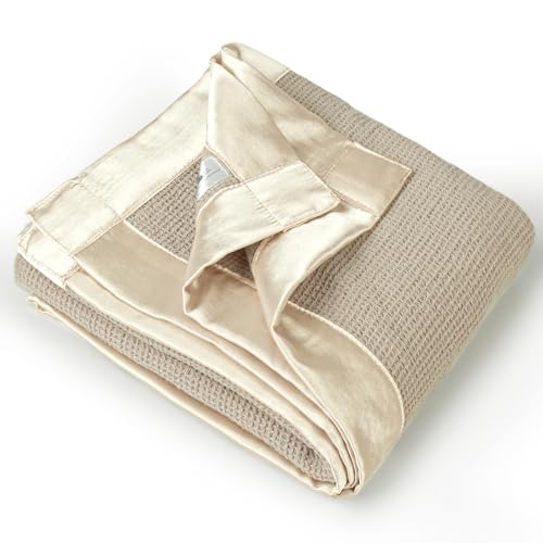 Image of lulumoon Swaddle Baby Blanket: Waffle Blanket with Satin Trim - Soft Breathable Toddler Blankets Perfect for Nursing Cover and Playtime - Cotton Crib Quilt for Daytime Naps 40"x36"(Oat)