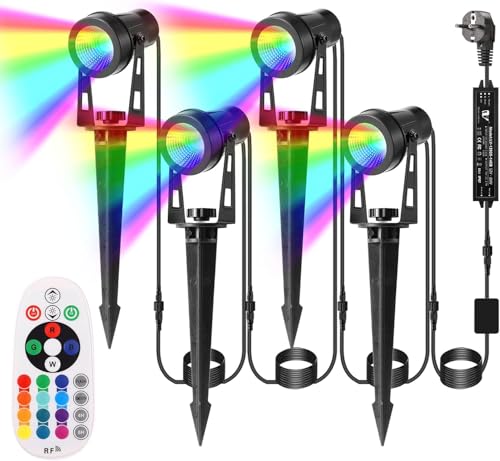 B-right RGB Focos Exterior Iluminación de Jardín con Seguro Voltaje, 4 * 3W Luz Exterior Impermeable IP65 Lámpara de Jardín Apto Decoración Foco Reflector, Foco de Jardín con Estaca Enchufe