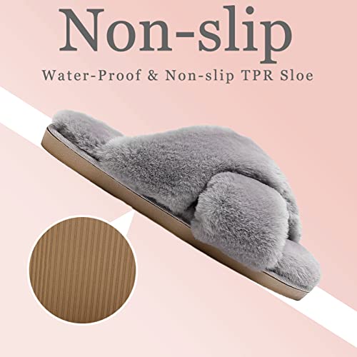 Fuzzy Slippers for Women - Fluffy Crossover Faux Fur House Slipper Open Toe Memory Foam Slippers3