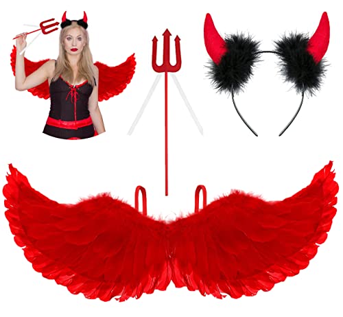 3 Ailes D'ange Rouge,60 CM Ailes de Diable Rouge,Pièces Costume D'ange,Costume Aile D'ange,Ailes de Diable Rouge,Aile de Demon Rouge,Corne du Diable,Trident Diable(Rouge) Cover
