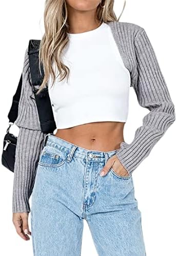 NUFIWI Y2k Women Long Sleeve Crop Top Shrug Cardigan Crochet Color Block Bolero Ribbed Knit Tops Patchwork Tee Shirts Cute Streetwear(Bolero Gray,M)