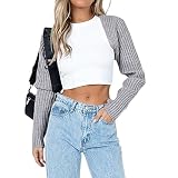 NUFIWI Y2k Women Long Sleeve Crop Top Shrug Cardigan Crochet Color Block Bolero Ribbed Knit Tops Pat