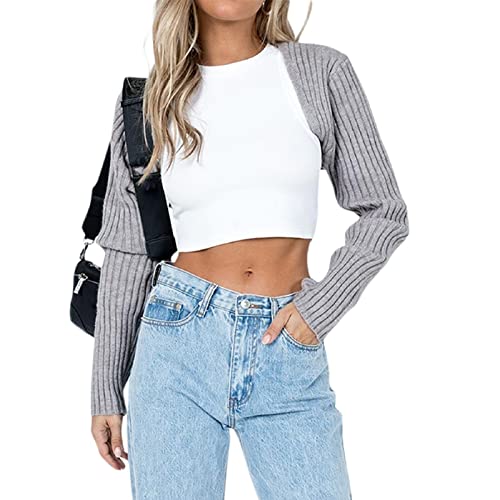 Nufiwi Y2K Women Long Sleeve Crop Top Shrug Cardigan Crochet Color Block Bolero Ribbed Knit Tops Patchwork Tee Shirts Cute Streetwear(Bolero Gray,M) #TOP5