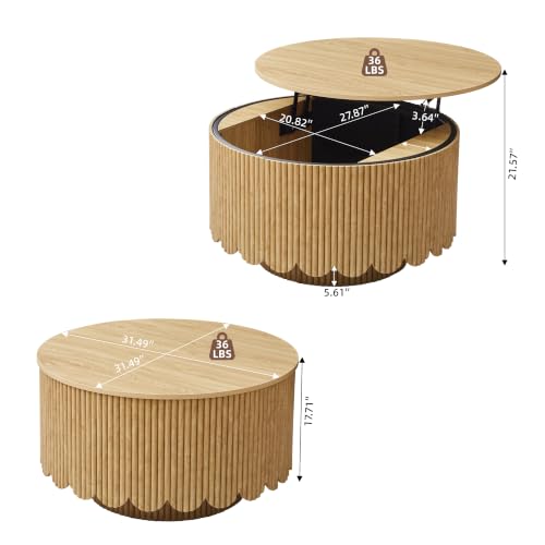 Image of Round Lift Top Coffee Table with Storage,Fluted Circle Coffee Table,Natural