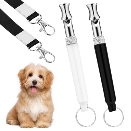 LIQWEI 2 silbatos para perros para dejar de ladrar, silbato profesional de entrenamiento para perros con cordón, herramientas de entrenamiento ultrasónico ajustable para perros en blanco y negro para