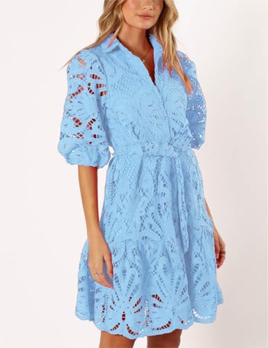Image of Women's Summer Hollow Out Lace Mini Dress Lantern Sleeve Lapel Button Ruffle Casual Beach Party Dresses