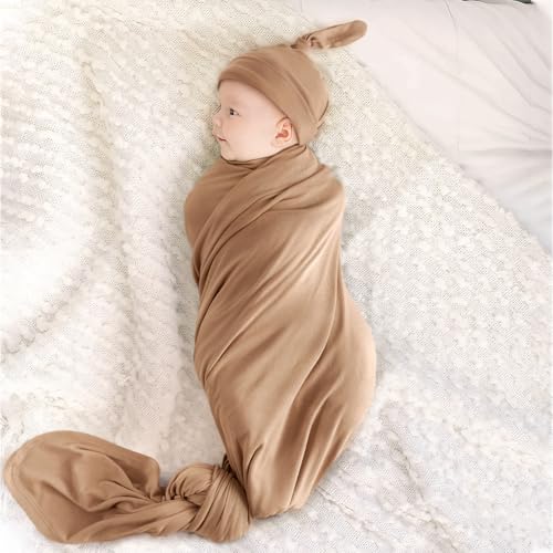 Image of GRSSDER Newborn Swaddle Blankets, Ultra Soft Jersey Receiving Blanket with Matching Headband and Beanie Set, Stretchy Baby Blanket 47x47 inch, Neutral Swaddle Wrap for Girls and Boys