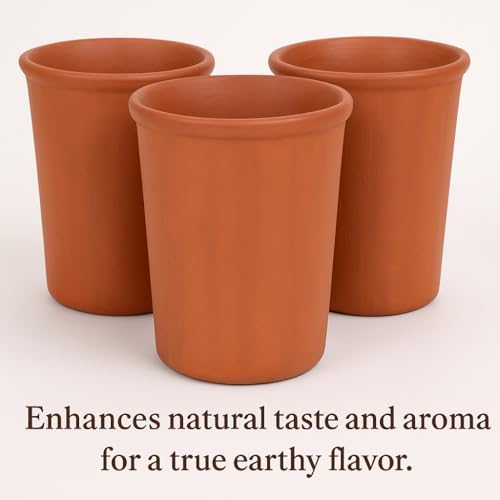 Image of KSI Earthen Clay Drinking Glass Set of 4 | 225 ml Mitti Tumbler for Water Lassi Tea Milk | Brown Unglazed Terracotta Glasses | Traditional Clay Drinkware for Kitchen and Dining