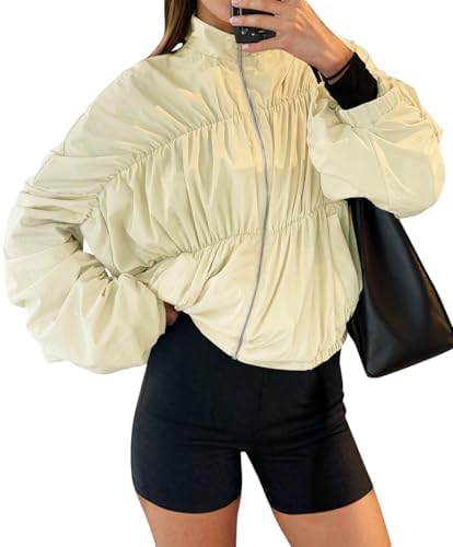Yousify Womens Lightweight Bomber Jacket Oversized Batwing Sleeve Zip Up Stand Collar Ruched Coat Jackets with Pockets