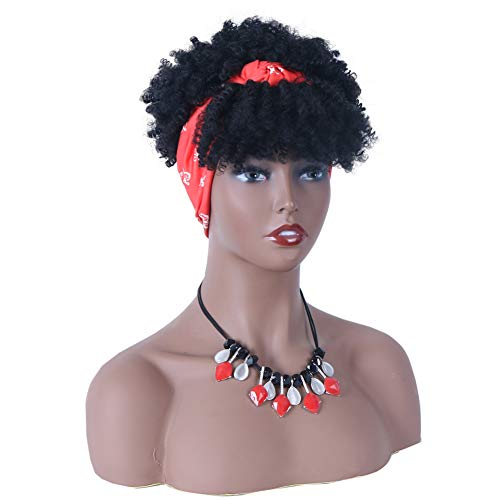 Muzinuo Short Curly Headband Wigs Afro Kinky Curly Wigs with Bangs Turban Wigs with Red Scarf Synthetic High Puff Afro Ponytail Wrap Wigs 2 in 1