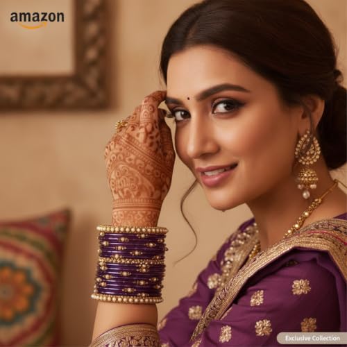 Image of SUNDRAM Women's Premium Fancy Glass Bangles for Women & Girls |with Zircon Gemstone Work & Charm| Traditional Ethnic Bangles Set of 12