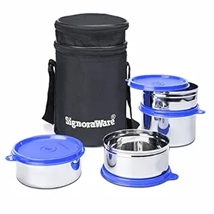 Executive Stainless Steel Lunch Box Set 4 with bag | Stainless-Steel Leak-Proof Containers | Full Meal Boxes (Container Size 200mlx1 | 350mlx2 | 500mlx1 | Violet)
