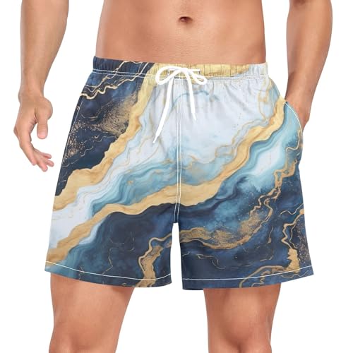 2 in 1 Mens Gold Blue Marble Swim Trunks 4.7 Inch Swim Shorts Swim Suits Board Shorts（307）