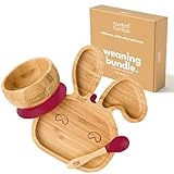 bamboo bamboo Plato Y Tazón Para Bebé, Set De Destete Con Succión Segura, Plato De Bambú En Forma De Conejo, Tazón Para Niños Y Cuchara, Vajilla Antideslizante Desde 6 Meses (Conejo, Cereza)
