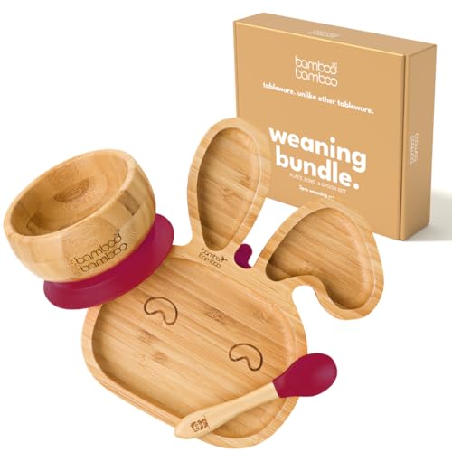 bamboo bamboo Plato Y Tazón Para Bebé, Set De Destete Con Succión Segura, Plato De Bambú En Forma De Conejo, Tazón Para Niños Y Cuchara, Vajilla Antideslizante Desde 6 Meses (Conejo, Cereza)