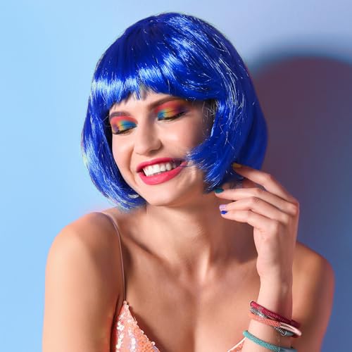 Image of PLULON Blue Bob Wig and Sunglass Set, Neon Short Bob Wig Sunglass Pack Costume Colorful Cosplay Hairpieces for Bachelorette Neon Party Favors, Halloween Decorations
