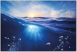 Wallario Glasbild Wellen im Meer bei Sonnenuntergang - 60 x 90 cm Wandbilder Glas in Premium-Qualität: Brillante Farben, freischwebende Optik