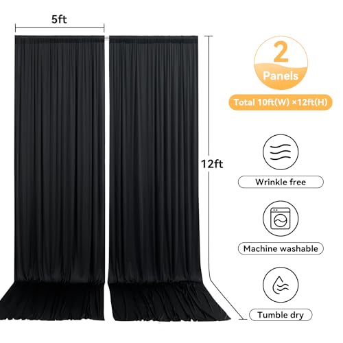 Image of 10x12ft Black Backdrop Curtain for Wedding Parties, Wrinkle Free 2 Panels 12 ft Long Silky Polyester Photo Backdrop Drapes Back Drop Cloth Drapery for Birthday Graduation Photography Background