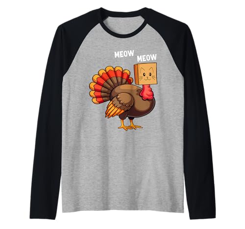 Divertido pavo gato miau divertido amante de los gatos humor de Acción de Gracias Camiseta Manga Raglan