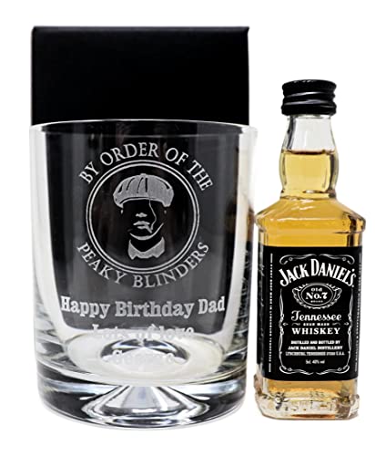 Image of Regalo Personalised Dimple Glass Tumbler & Miniature - Peaky Blinders Design (Cardboard Gift Box, Jack Daniel's Tennessee Whiskey)