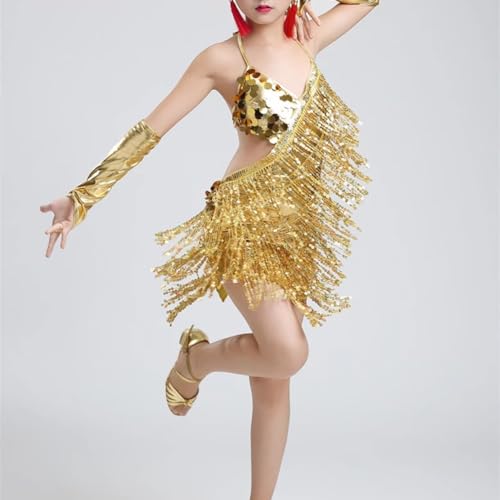 Yyyuluo Filles Vêtements de Danse étincelants Enfants Paillettes Robe de Danse à Franges Performance Costume de Bal Enfants Salsa Tango Latin Vêtements de Danse, Gold 120cm (Tailles Plus Petites) – vue 2