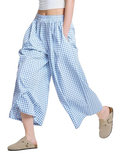 Image of LOMON Womens Wide Leg Capri Pants Gingham Plaid Culottes Summer Elastic Waist Palazzo Trousers Bottoms with Pockets