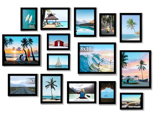 PEALSN 15 Pack Collage Picture Frames, Gallery Wall Frame Set with Three 8x10, Six 5x7, and Six 4x6, Multiple Photo Frames for Wall Gallery Decor, Black