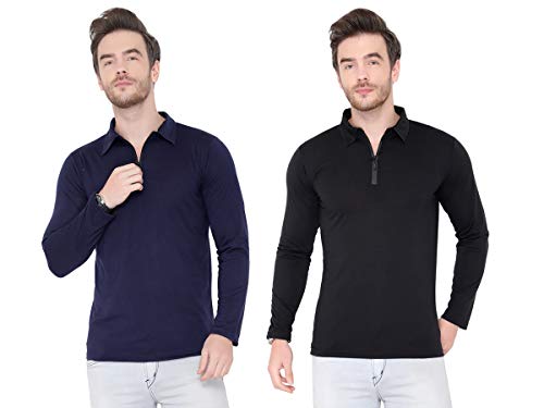 Image of Men's Cotton Blend Full Sleeve Zip Neck Polo T-Shirt (Pack of 1)