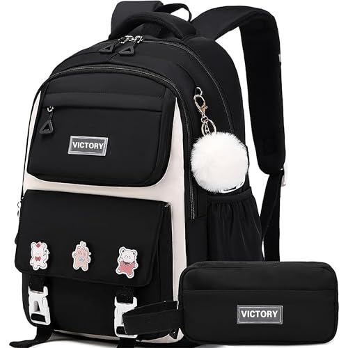AO ALI VICTORY Mochila para mulheres e meninas, conjunto com estojo de lápis de 15,6 polegadas para laptop mochila escolar infantil para escola primária, Preto - 1, Medium, Mochilas Daypack